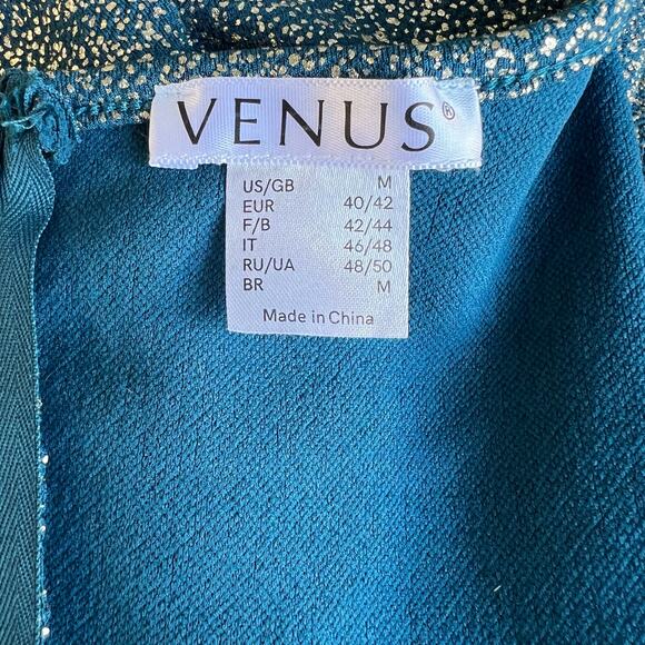 Venus Party Dress Medium Teal & Metallic Gold Asymmetrical Flare Sleeve Holiday - Picture 4 of 16